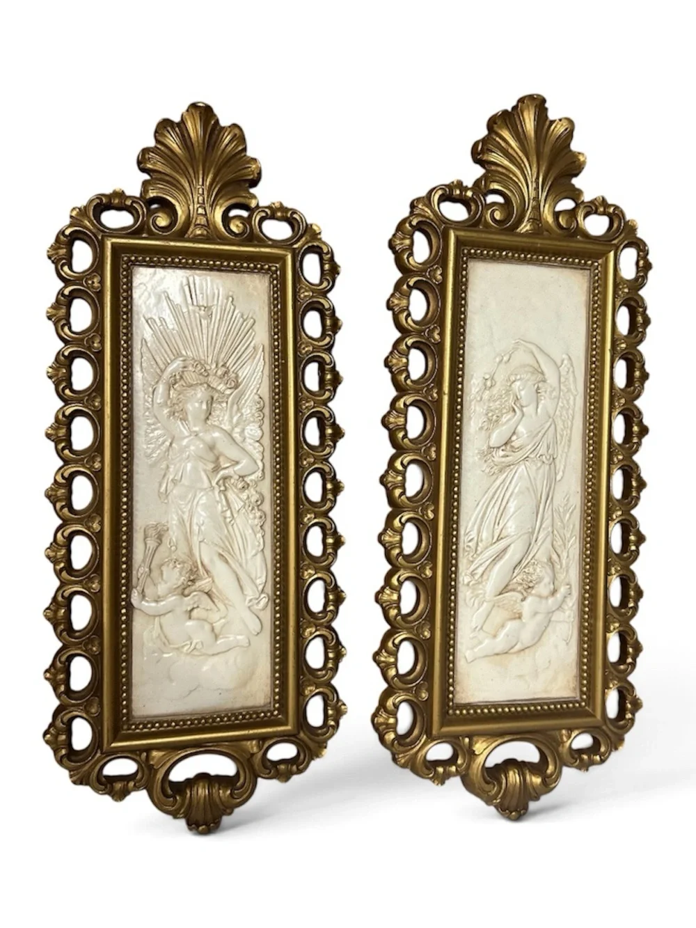 Vintage Set Homco Cameo Angel Cherub Wall Plaques Gold Cream Hollywood Regency
